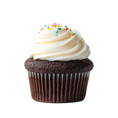 Delicious chocolate cupcake with creamy white frosting and colorful sprinkles on top, perfect for sweet treat or celebration