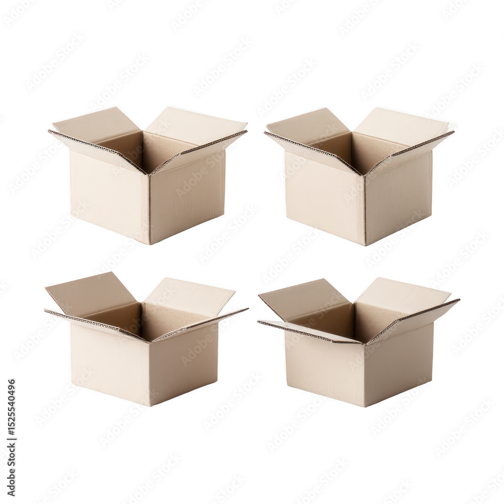 Aufkleber four open cardboard boxes are arranged in grid pattern, showcasing their flaps and interior space. b