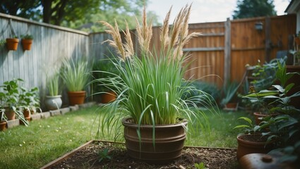 A large potted grass plant in a garden with a wooden fence, various potted plants, and greenery in the background.