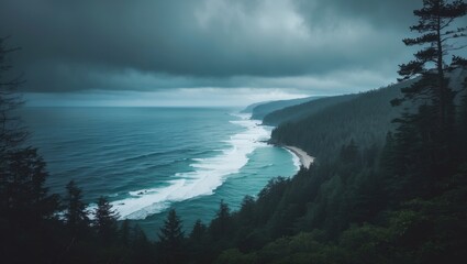 Coastal landscape with trees and ocean under stormy sky. Nature scene, seascape, wilderness, environment. The scene of rugged coastline and cloudy weather.