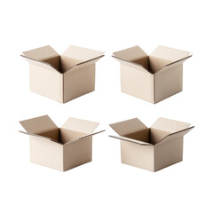 Four open cardboard boxes are arranged in grid pattern, showcasing their flaps and interior space. boxes are made of brown corrugated material, ideal for packaging and shipping