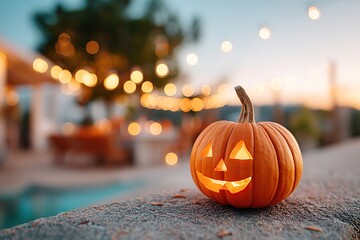 Warm autumn evening with a glowing jack-o'-lantern by the poolside at a festive gathering
