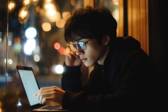 Young Asian man wearing eyeglasses works intently on laptop in cozy cafe during evening, Side view of Asian young man wearing eyeglasses texting by laptop in the cafe
