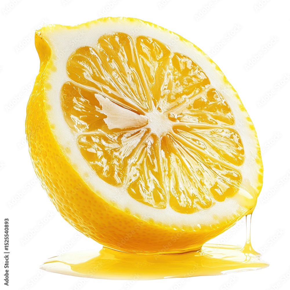 Poster fresh lemon slice with juice dripping on white surface showcasing vibrant color and texture, lemon s