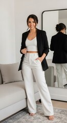 Obraz premium Chic Women's Summer Work Outfit Black Blazer, White Pants, and Crop Top