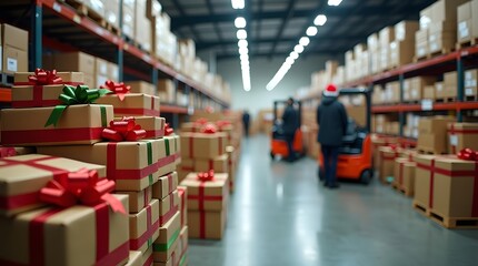 Festively wrapped packages with bows decorate a busy warehouse during the holiday season.