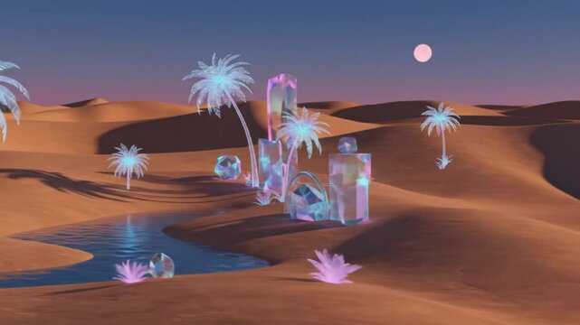 Digital oasis in a holographic desert, neo-futuristic visuals, ultra HD, vibrant surrealism
