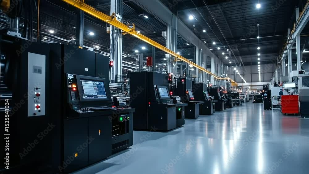 Poster industrial interior of a factory with automated machines working seamlessly, cnc systems and robotic