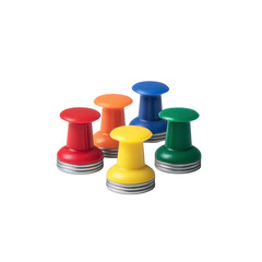 Colorful magnetic push pins in red, orange, yellow, blue, and green are arranged in cluster, showcasing their vibrant hues and practical design for organizing and decorating