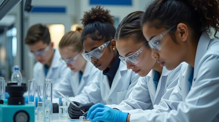 A focused group of diverse female students in lab coats engaged in scientific research in a modern laboratory.