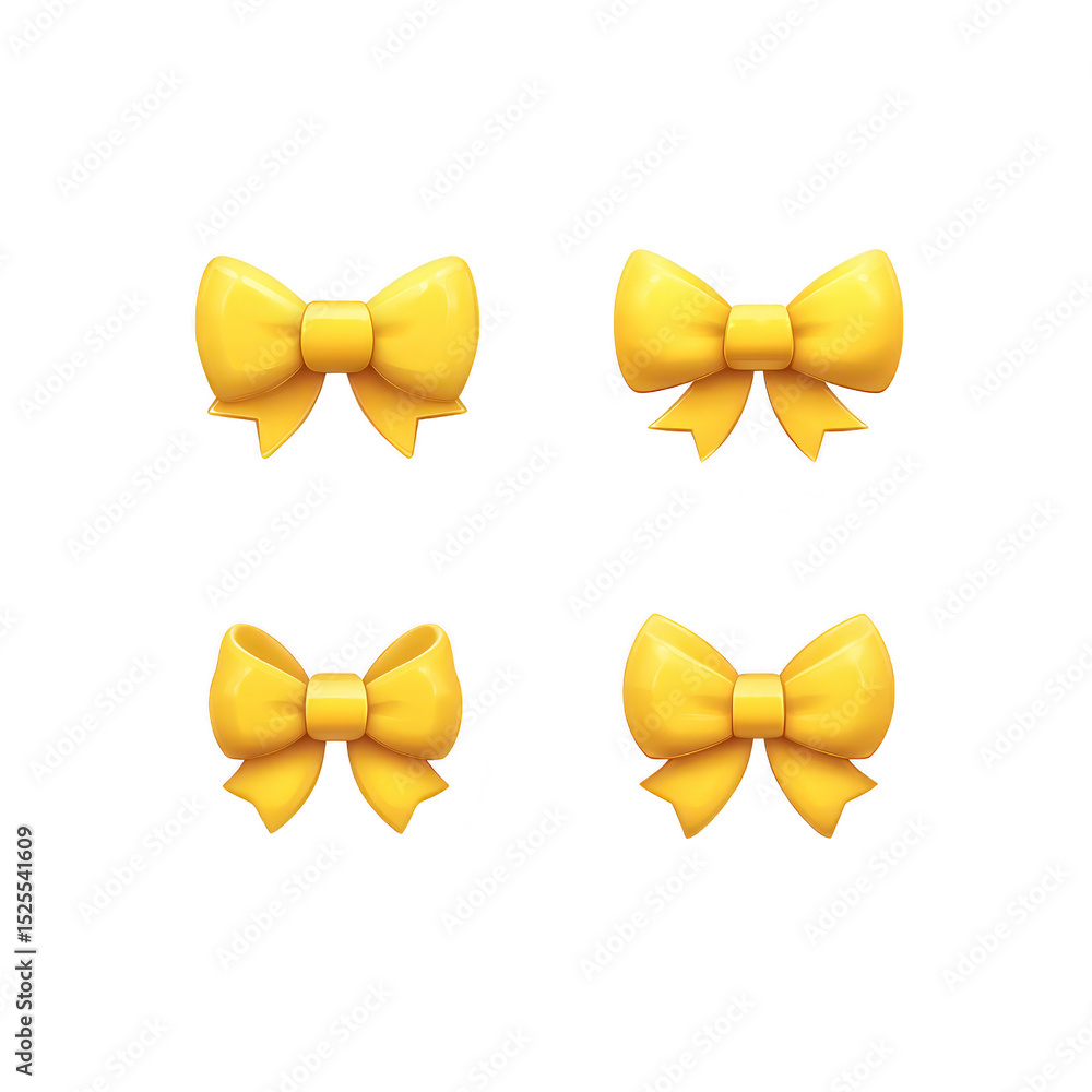 Poster four yellow bows with glossy finish are arranged grid pattern transparency background, showcasing di