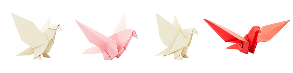 A row of origami doves in colors cream pink beige and red symbolize messages of peace on a black
