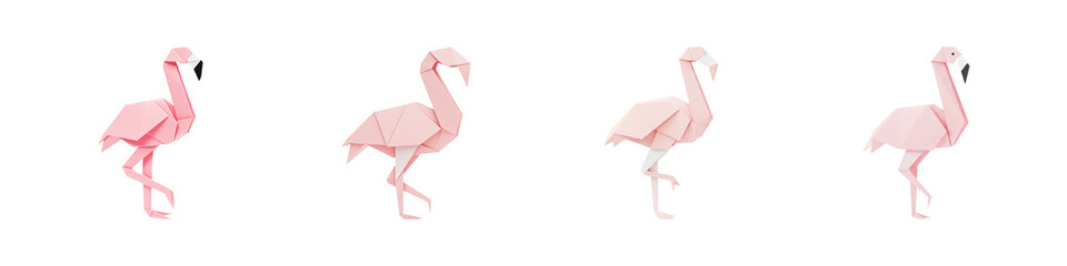 A whimsical journey of origami flamingos in a modern art parade full of grace against a black