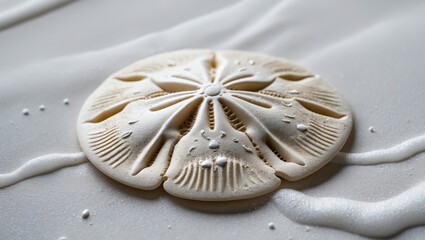 Circular ornament with intricate patterns and water droplets, resembling a decorative tile or artifact. Artistic and detailed design. The concept of craftsmanship and artistry.