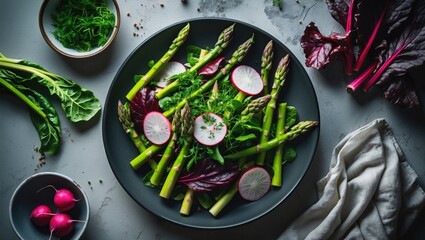 Fresh asparagus and leafy greens salad with radish slices on a black plate, accompanied by small bowls of greens and radishes.