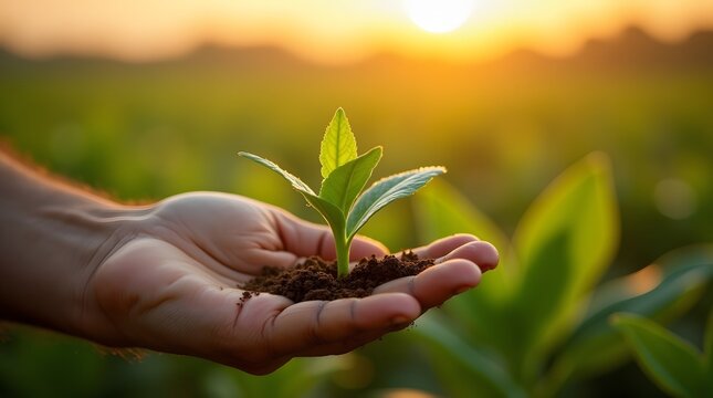 A hand gently cradles a sprouting plant, symbolizing growth and renewal as the sun sets in a vibrant orange sky.