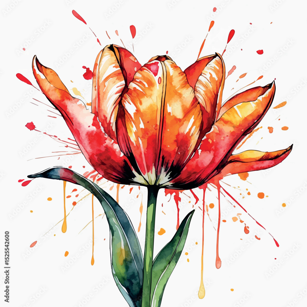 Poster exploding tulip vector. expressive watercolor flower with bold splash and dynamic style.