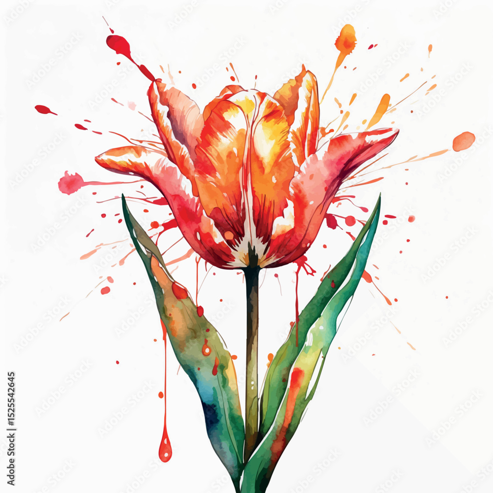 Poster exploding tulip vector. expressive watercolor flower with bold splash and dynamic style.