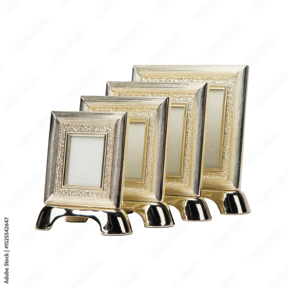 Poster elegant gold picture frames in varying sizes are displayed in row, showcasing intricate detailing an