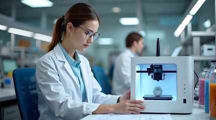 Female scientist operates a 3D printer in a modern lab, focused on innovation and technology.