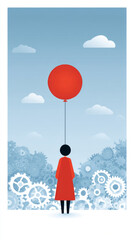 Imaginative journey: a red balloon uplifting dreams in a mechanical world