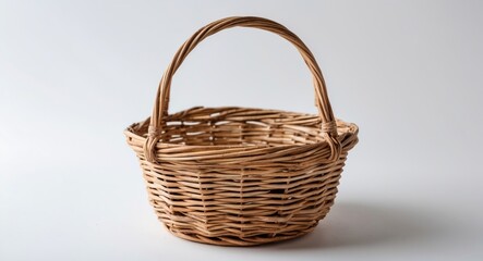 Obraz premium Empty woven basket with handle on a plain background.