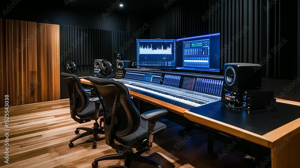 Poster modern recording studio with acoustic panels, producer wearing headphones fine-tunes track using mul