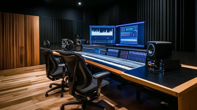 Modern recording studio with acoustic panels, producer wearing headphones fine-tunes track using multi-screen audio interface setup