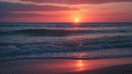 Obraz premium Sunset over the ocean with waves and reflections on the shore.