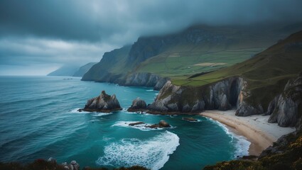 Fototapeta premium Cliffs and beach along the ocean shore with rocky formations and stormy sky. Coastal landscape with rugged terrain and turbulent weather. Nature scenery of cliffs and sea.