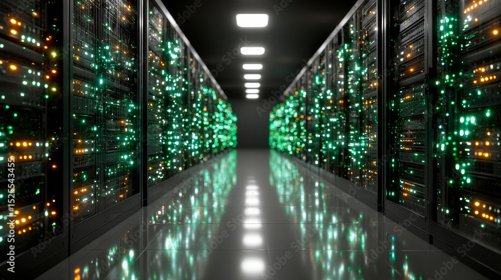 Poster data center room tunnel with neon blue and green light glow. realistic 3d vector illustration of abs