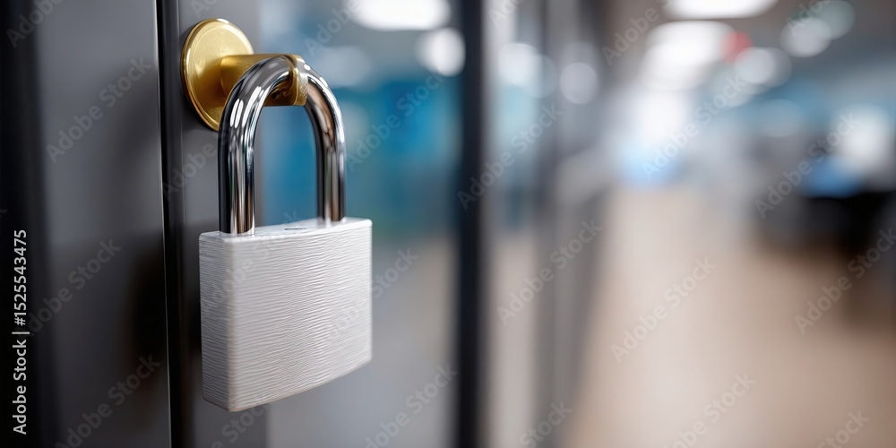Poster padlock securing a door in an office setting, representing data protection and cybersecurity, a symb