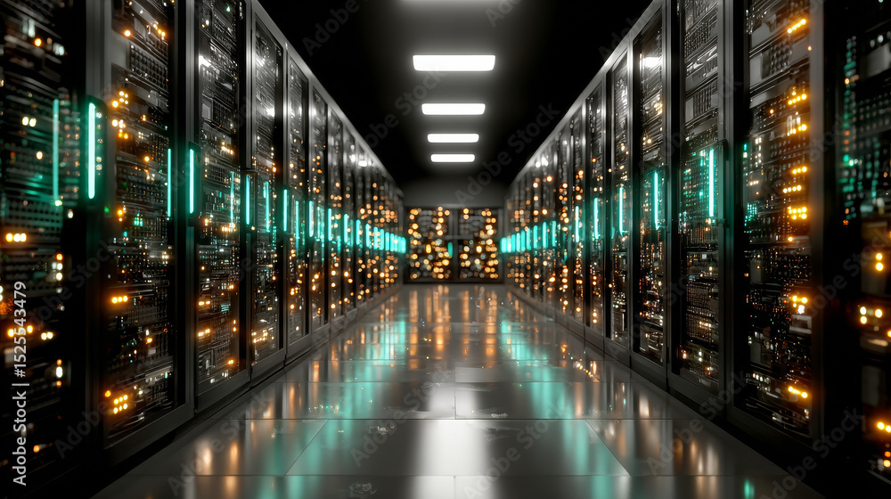 Poster data center room tunnel with neon blue and green light glow. realistic 3d vector illustration of abs