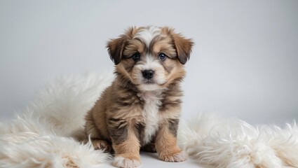 A cute puppy with fluffy fur sitting on a soft surface, adorable and cuddly.