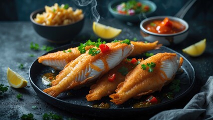 Golden fried fish fillets served with lemon wedges, garnished with herbs, accompanied by rice, and spicy sauces.