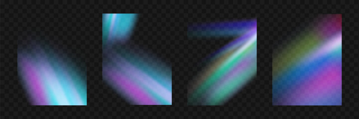 Crystal prism light flare background,transparent rainbow overlay with diamond neon glare effect and iridescent blur.