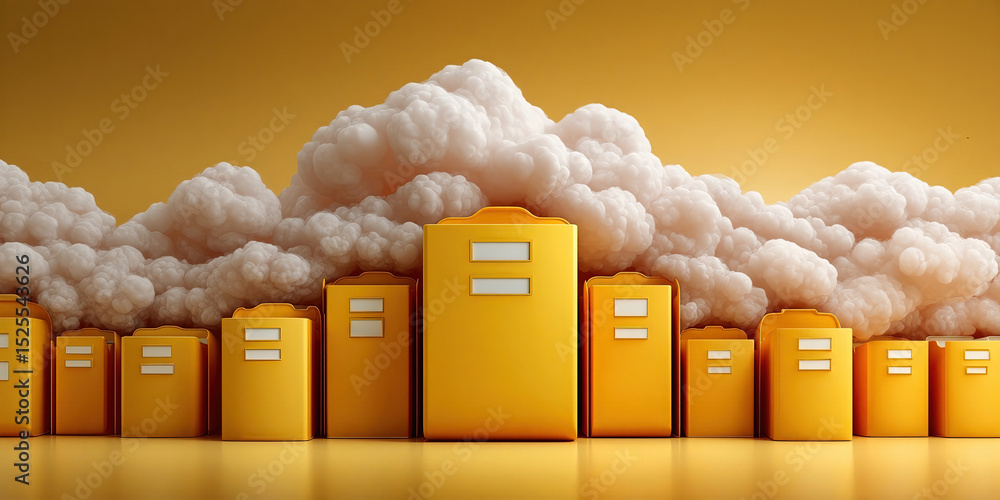 Aufkleber Yellow File Folders Lined Up Against a Cloudscape, Representing Data Management and Cloud Computing Solutions for Business Efficiency and Organization : Generative AI