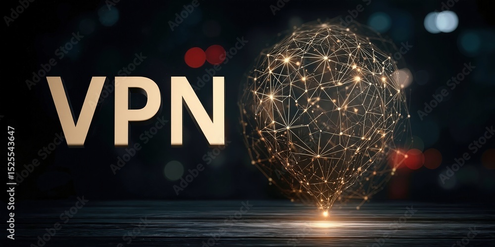 Poster Golden VPN Letters Beside a Glowing Network Sphere, Emphasizing Cybersecurity and Digital Protection for Secure Communication and Data Privacy : Generative AI