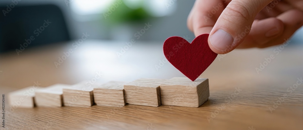 Poster placing a red heart on wooden blocks representing growth and progress, symbolizing love and relation