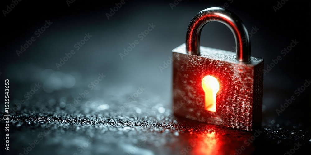 Poster padlock glowing red on dark textured surface, symbolizing security and protection against cybercrime