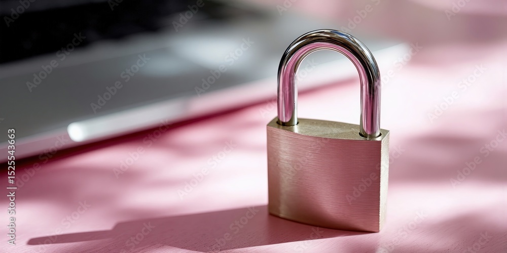 Poster Padlock Standing on Pink Surface With Laptop in Background, Symbolizing Data Protection and Cybersecurity Solutions for Business Security : Generative AI