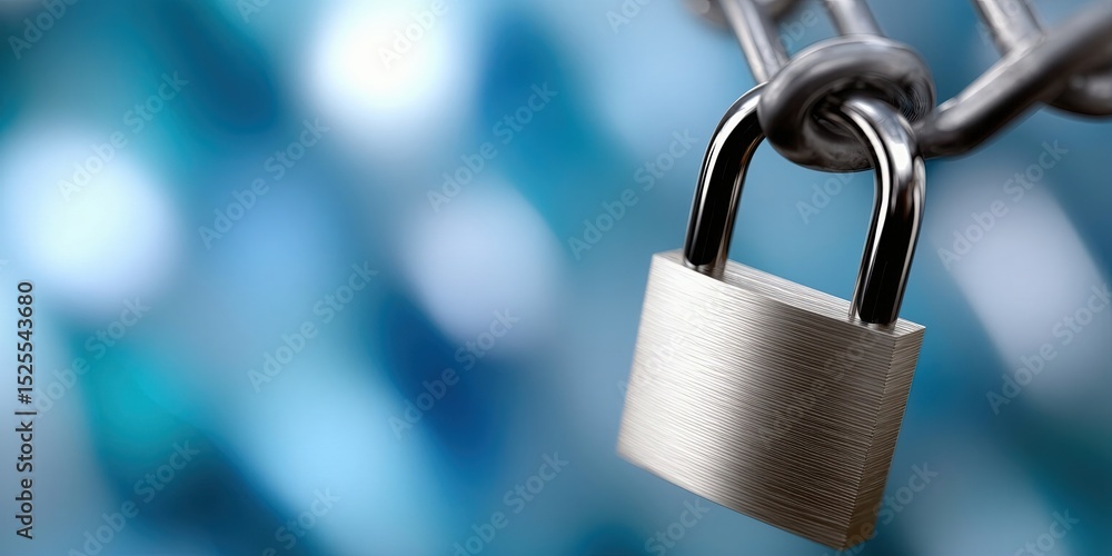Poster padlock and chain against a blue background, symbolizing data protection and cybersecurity solutions
