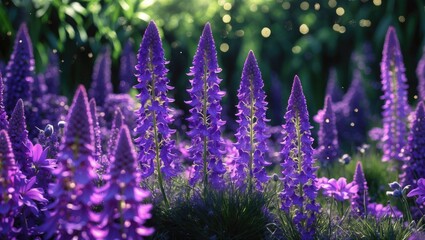 Obraz premium Vibrant purple flowers in a garden with soft sunlight and greenery in the background.