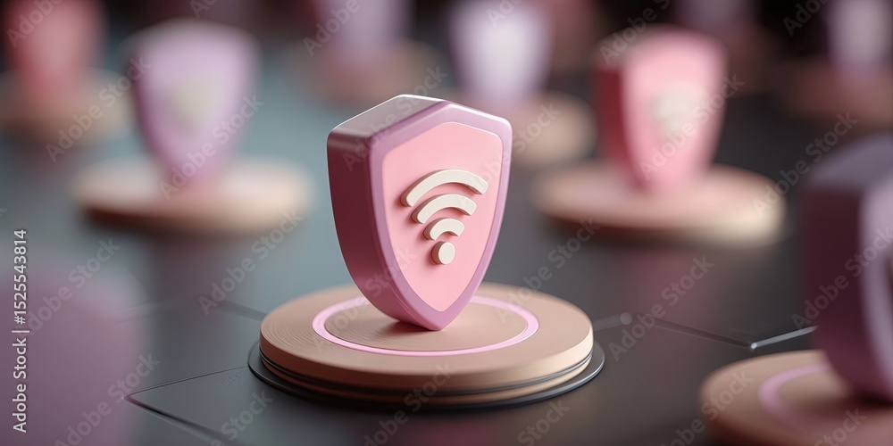 Poster Pink Shield With Wifi Symbol on Platform, Representing Network Security and Data Protection for Cybersecurity Solutions and Technology Innovation : Generative AI
