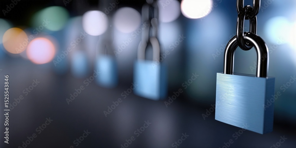 Aufkleber Blue Padlocks Hanging From Chains in a Row, Symbolizing Data Protection and Cybersecurity Awareness for Secure Business Transactions : Generative AI