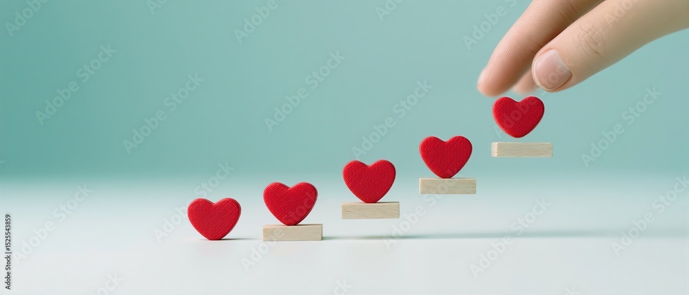 Poster wooden heart shapes on steps with hand placing one on top, symbolizing progress and achievement in b