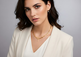 A close-up portrait of a woman wearing elegant jewelry, including a gold chain necklace with a key pendant and pearl earrings. She has a sophisticated look, dressed in a white blazer.