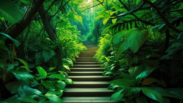 Lush green jungle with wooden stairs surrounded by dense tropical foliage and vibrant leaves. Nature, jungle, pathway. The concept of adventure and exploration in nature.