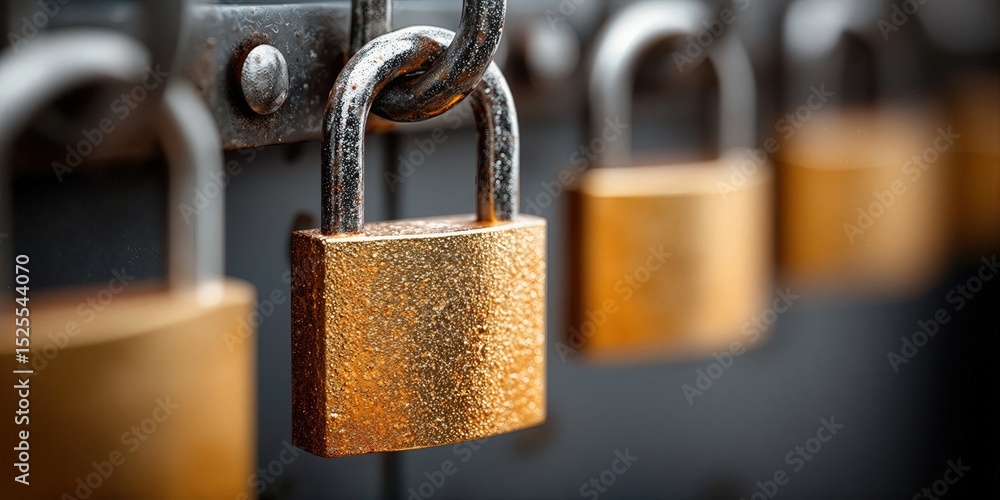 Poster golden padlocks hanging in a row, symbolizing security and data protection in the digital age, ideal