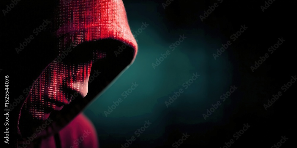 Aufkleber Hacker in Hooded Sweatshirt With Binary Code Overlay, Representing Cybercrime and Data Security Solutions for Business : Generative AI